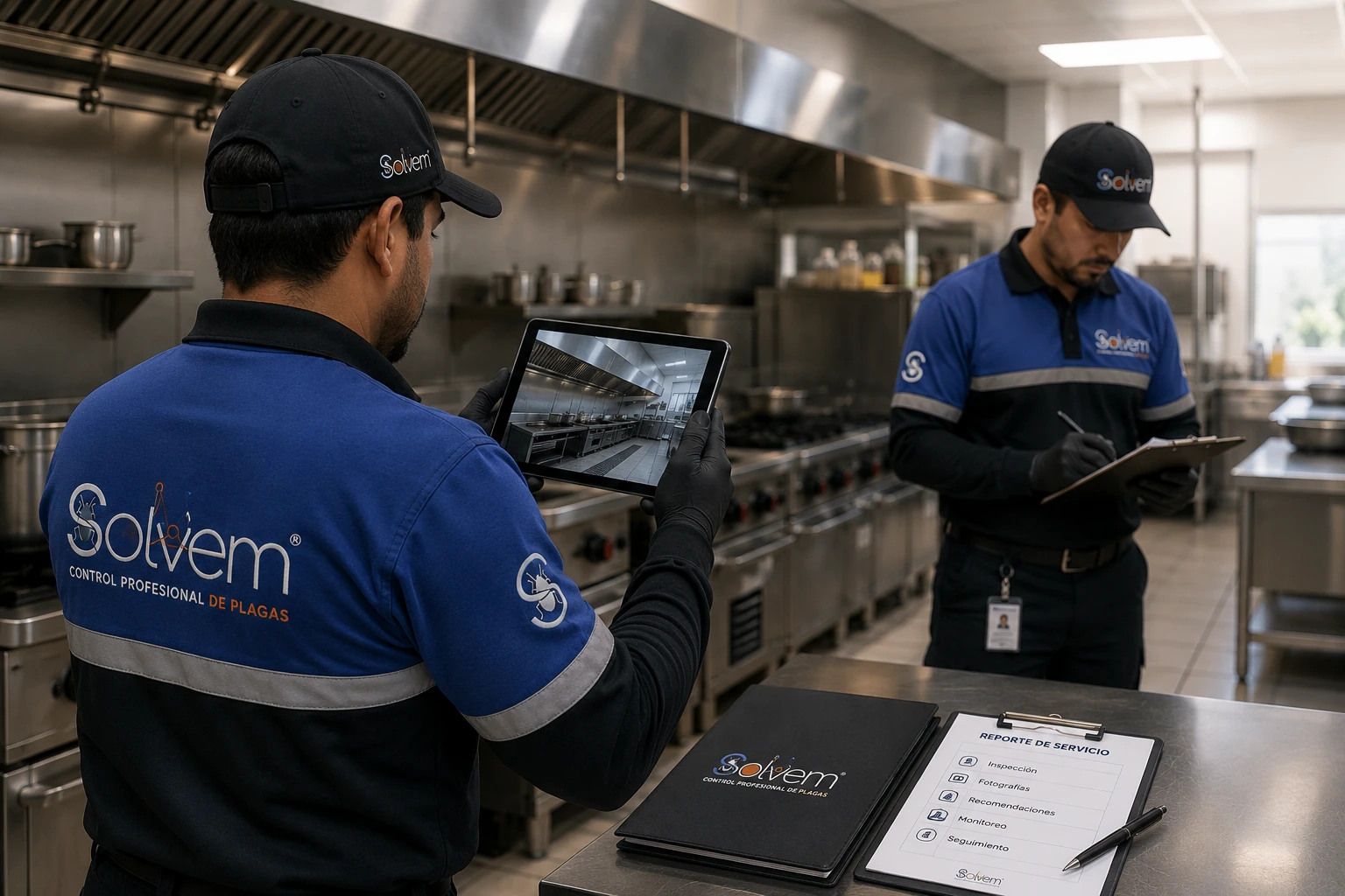 Técnicos de Solvem documentando una inspección en cocina industrial: registro fotográfico con tablet y reporte de servicio en campo