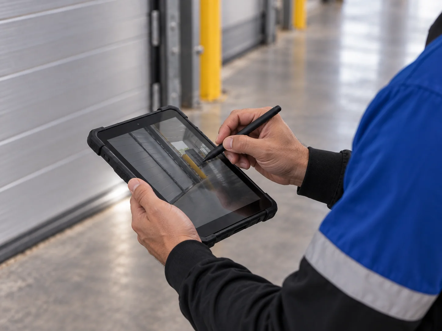 Registro de una inspección industrial en una tablet con lápiz digital.