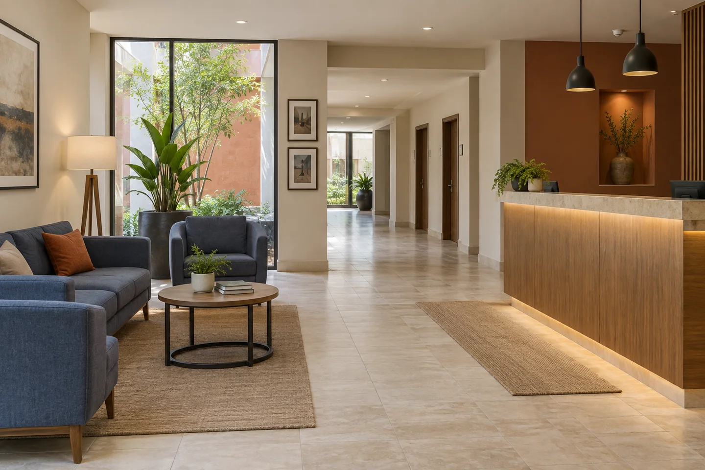 Ilustración de recepción de hotel con sala de espera y acceso a habitaciones