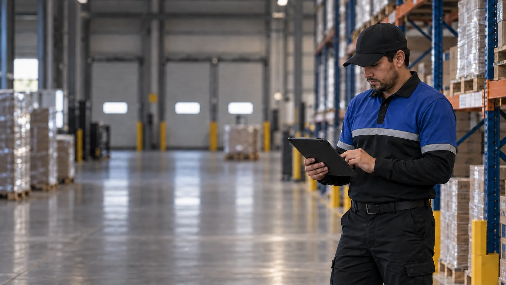 Técnico revisando una tablet durante una inspección preventiva en una instalación industrial