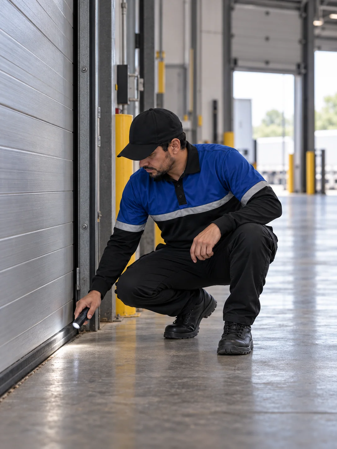 Técnico inspeccionando el sello inferior de un acceso industrial con una linterna.