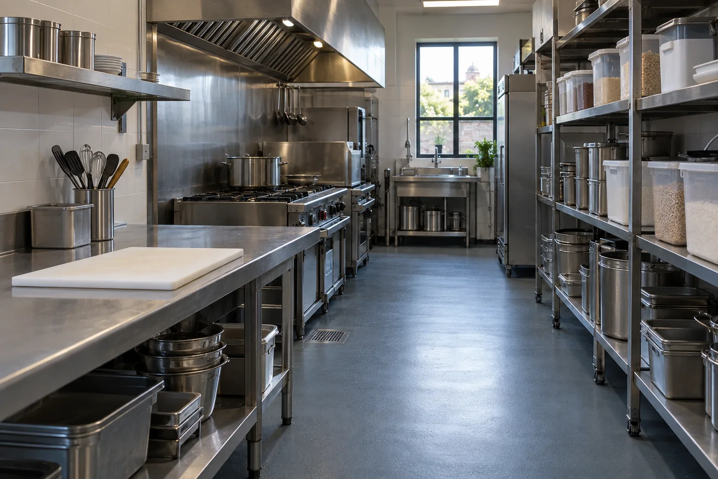 Ilustración de cocina profesional con área de preparación y estanterías de almacenamiento