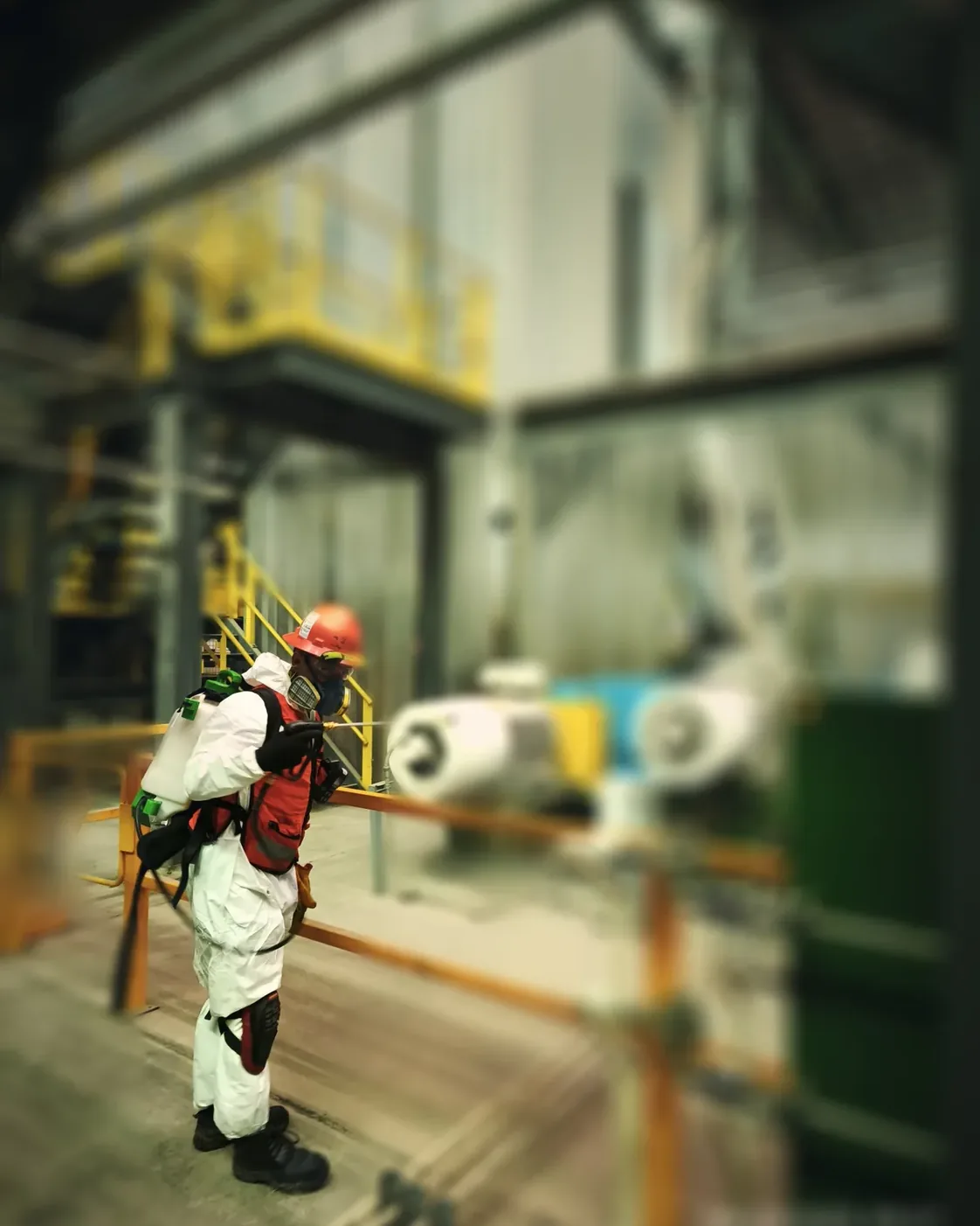 Técnico con traje y aspersor de mochila junto a maquinaria industrial