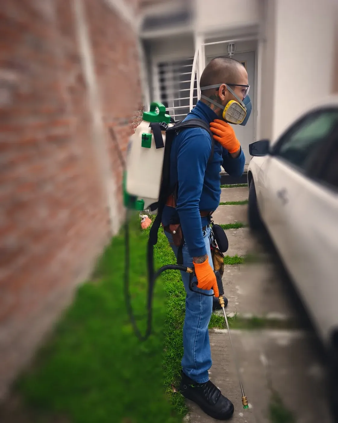 Técnico con respirador y aspersor de mochila en un pasaje residencial